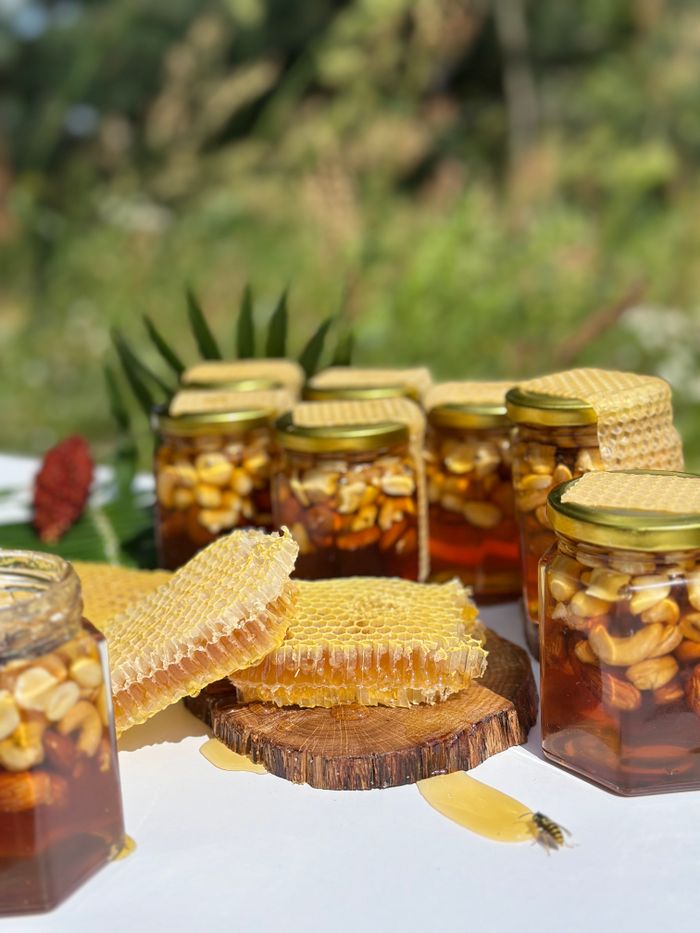 The Art of Drawing Readers In: Your attractive post title goes here Artisanal honey jars with honeycomb displayed in a lush outdoor setting, capturing natural beauty.
